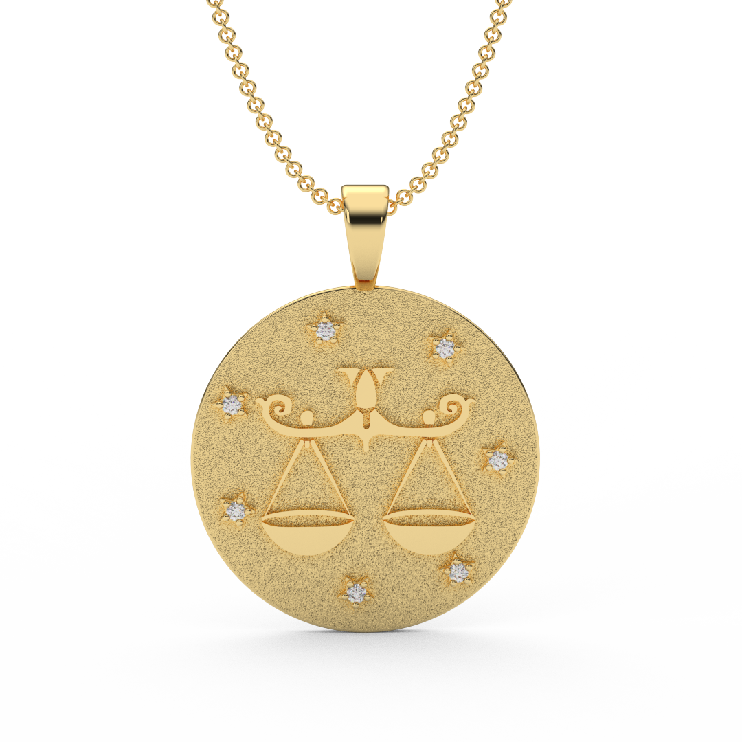 LIBRA Zodiac Coin Necklace - 18 MM Horoscope Sign Round Disk Medallion - Astrological Amulet - 2-Sided with 7 Diamond Stars
