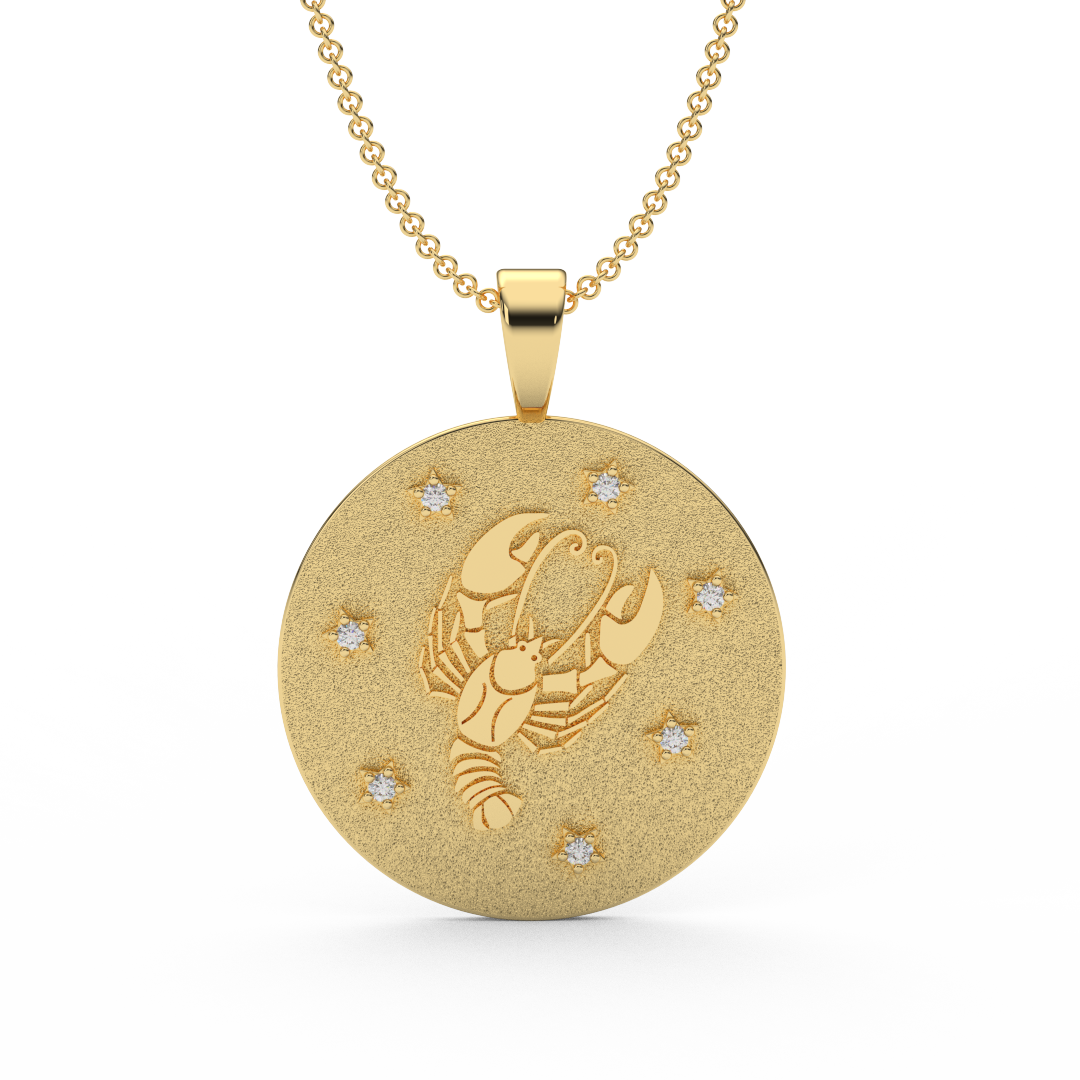 CANCER Zodiac Coin Necklace - 18 MM Horoscope Sign Round Disk Medallion - Astrological Amulet - 2-Sided with 7 Diamond Stars