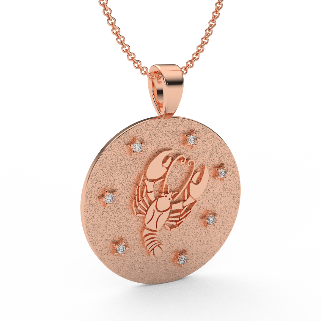 CANCER Zodiac Coin Necklace - 18 MM Horoscope Sign Round Disk Medallion - Astrological Amulet - 2-Sided with 7 Diamond Stars