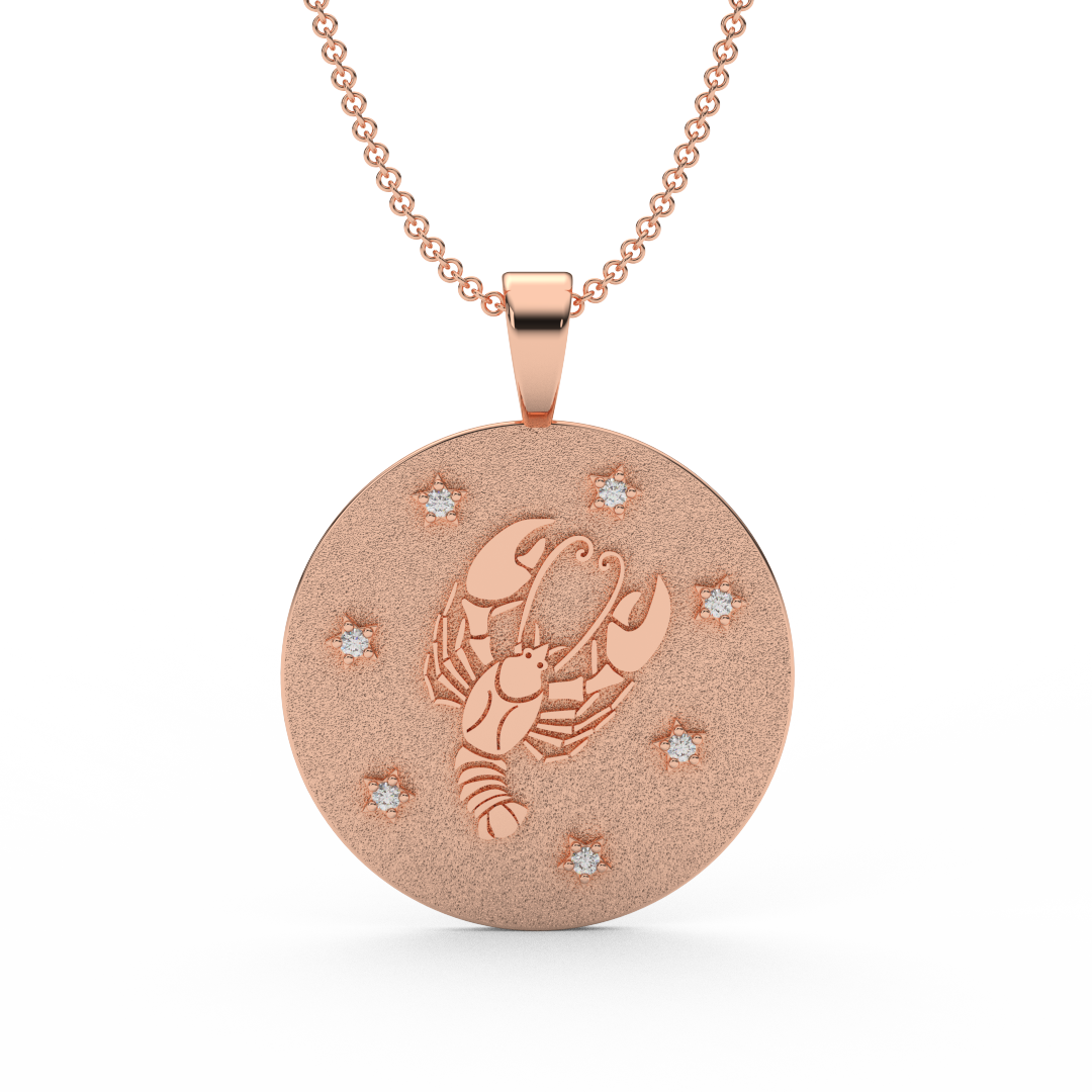 CANCER Zodiac Coin Necklace - 18 MM Horoscope Sign Round Disk Medallion - Astrological Amulet - 2-Sided with 7 Diamond Stars