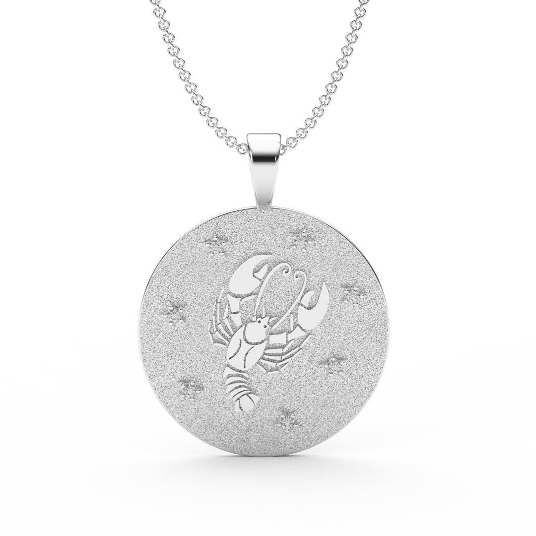 CANCER Zodiac Coin Necklace - 18 MM Horoscope Sign Round Disk Medallion - Astrological Amulet - 2-Sided with 7 Diamond Stars