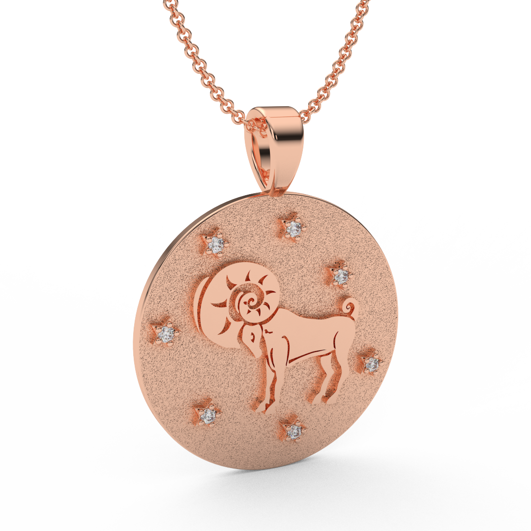 ARIES Zodiac Coin Necklace - 18 MM Horoscope Sign Round Disk Medallion - Astrological Amulet - 2-Sided with 7 Diamond Stars