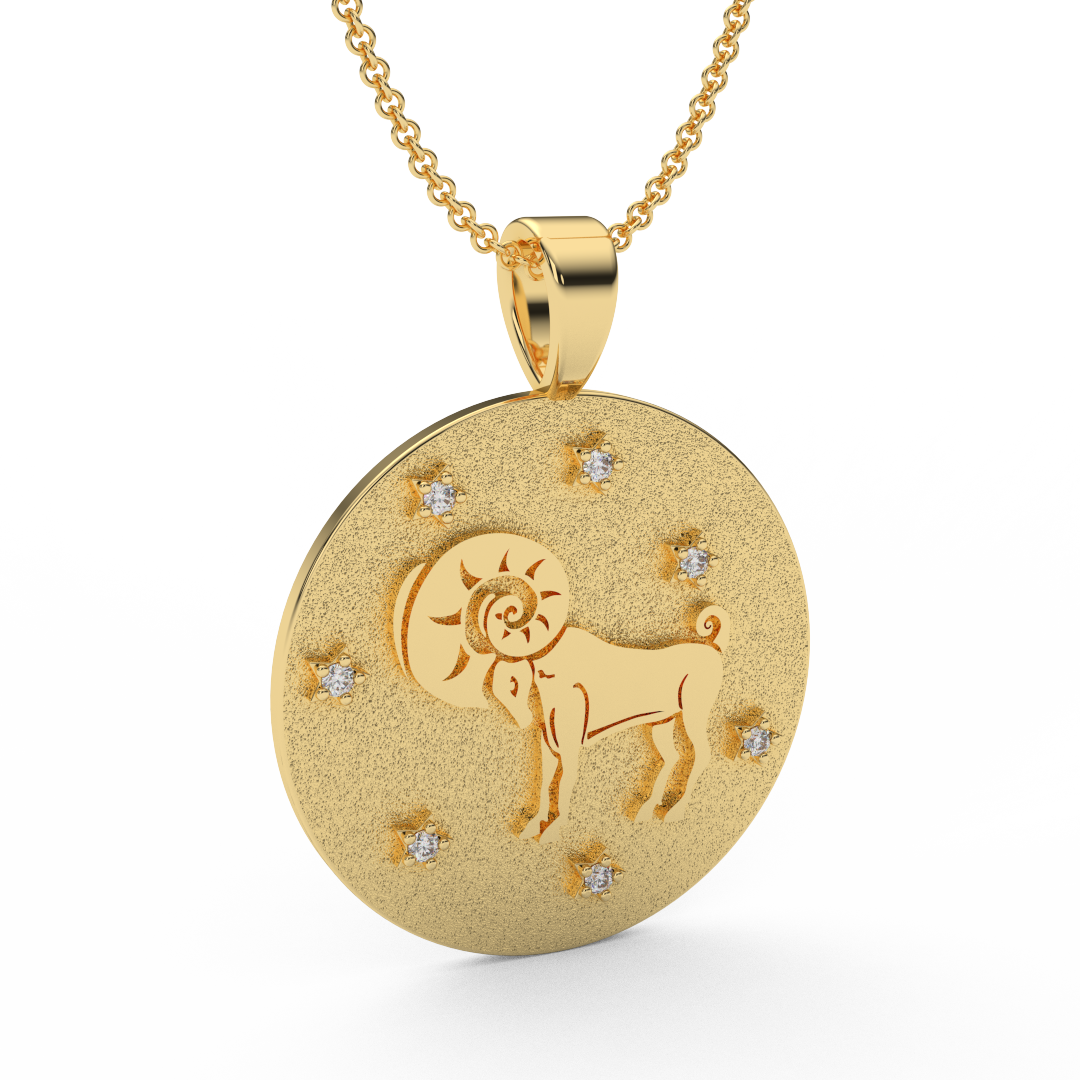 ARIES Zodiac Coin Necklace - 18 MM Horoscope Sign Round Disk Medallion - Astrological Amulet - 2-Sided with 7 Diamond Stars