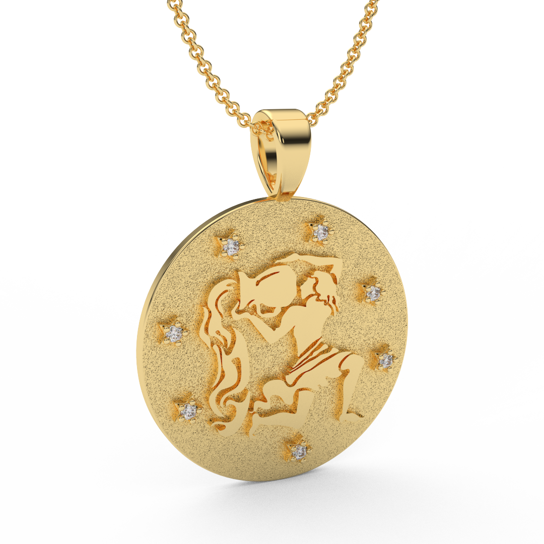 AQUARIUS Zodiac Coin Necklace - 18 MM Horoscope Sign Round Disk Medallion - Astrological Amulet - 2-Sided with 7 Diamond Stars