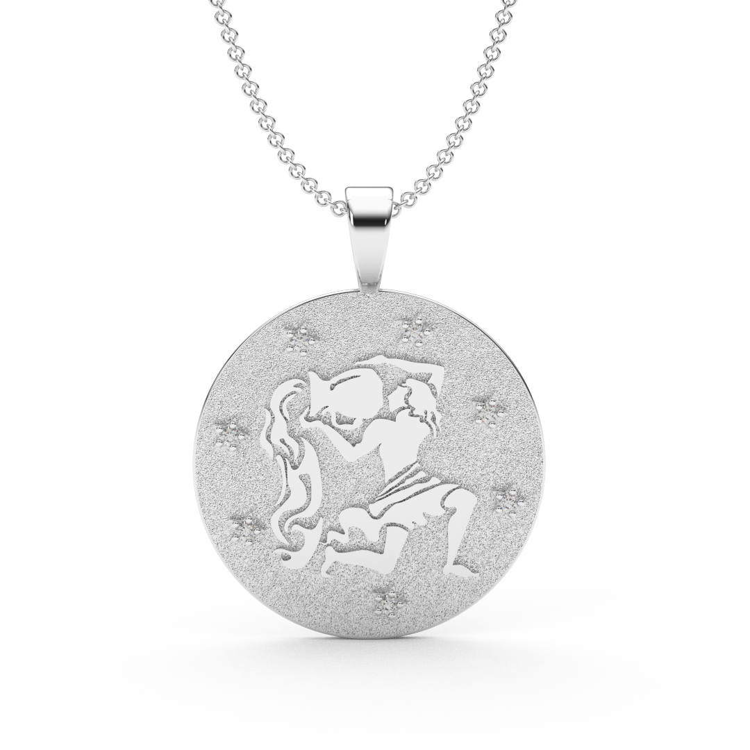 AQUARIUS Zodiac Coin Necklace - 18 MM Horoscope Sign Round Disk Medallion - Astrological Amulet - 2-Sided with 7 Diamond Stars