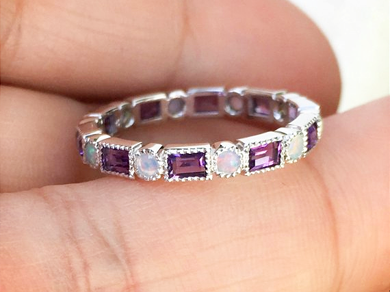 3mm Baguette Amethyst and Dot Opal Band