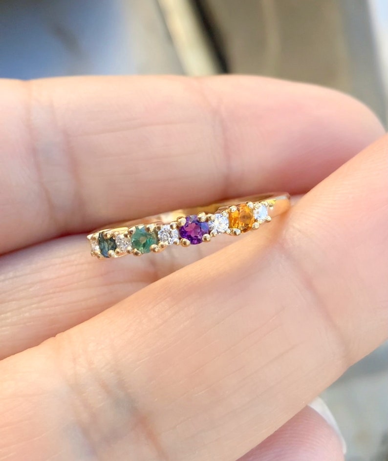 4 Stone Mother's Ring/ Personalized Family Birthstone Band Ring with Diamonds, London Blue Topaz, Alexandrite, Amethyst, Citrine/ Custom Mother's Day Ring