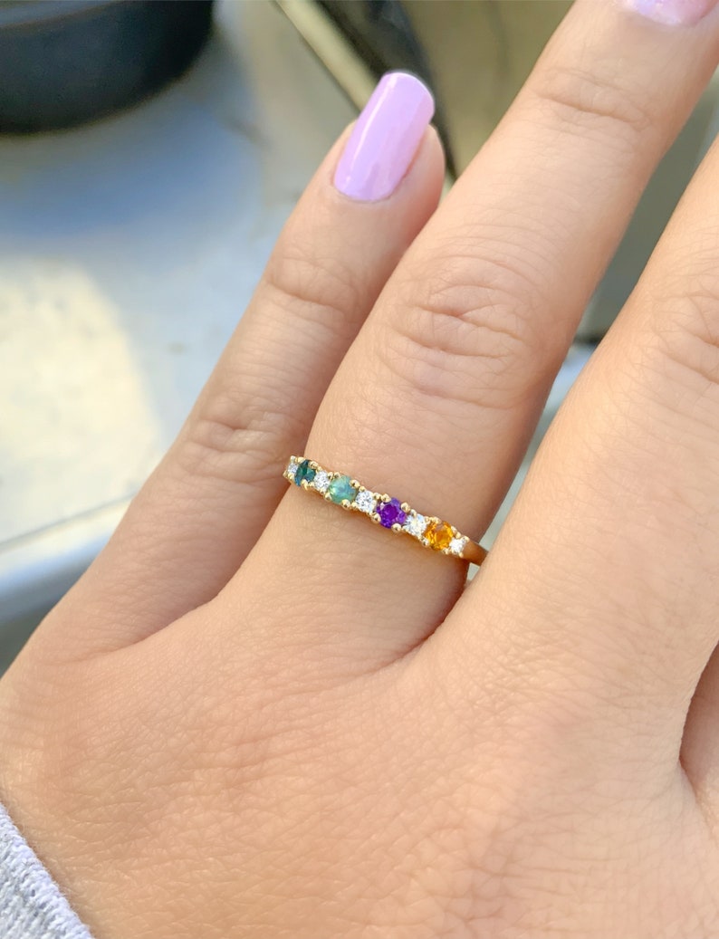 4 Stone Mother's Ring/ Personalized Family Birthstone Band Ring with Diamonds, London Blue Topaz, Alexandrite, Amethyst, Citrine/ Custom Mother's Day Ring