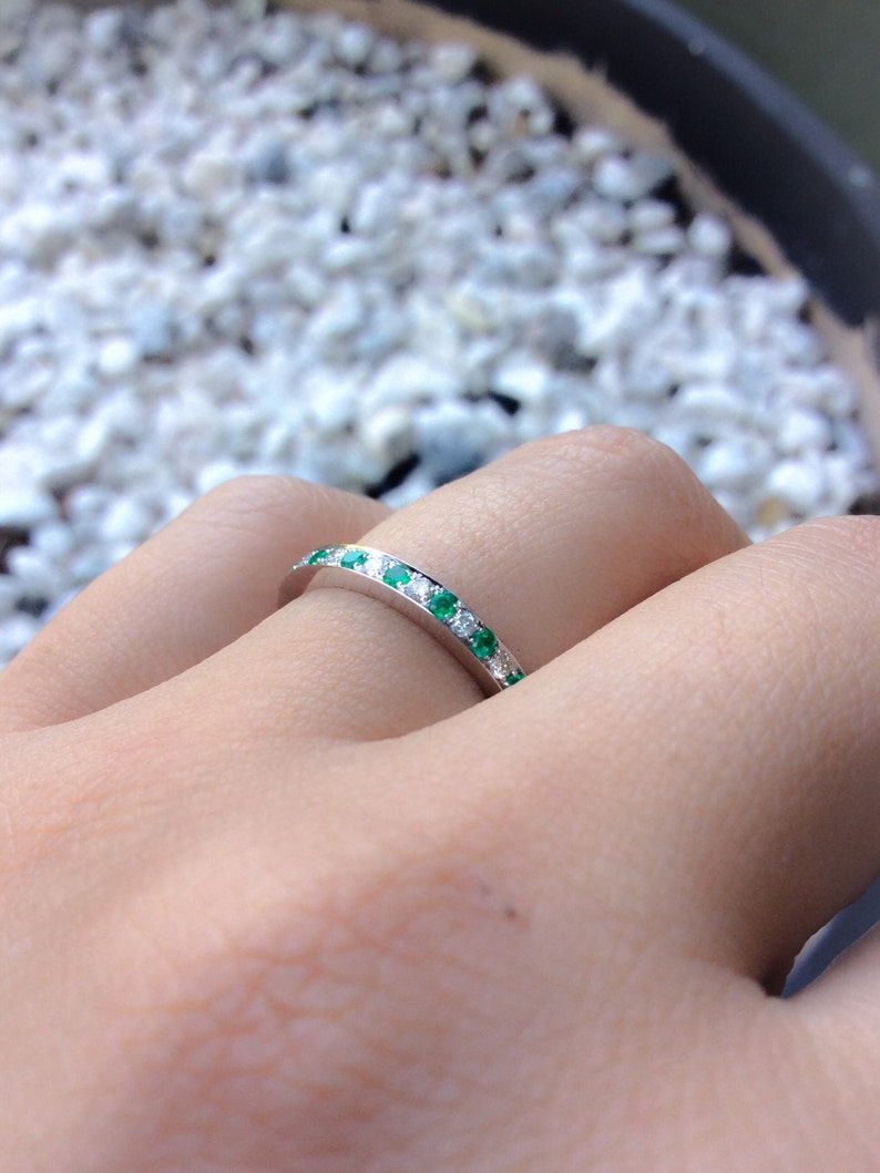 Alternating Diamond Emerald Half Eternity Stacking Ring/ 2 Birthstone Bright Cut, Channel Pave Set 2.3mm Wedding or Anniversary Band