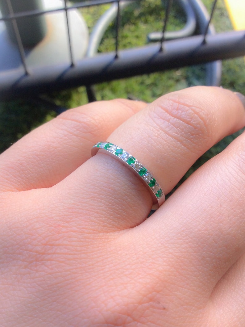 Alternating Diamond Emerald Half Eternity Stacking Ring/ 2 Birthstone Bright Cut, Channel Pave Set 2.3mm Wedding or Anniversary Band