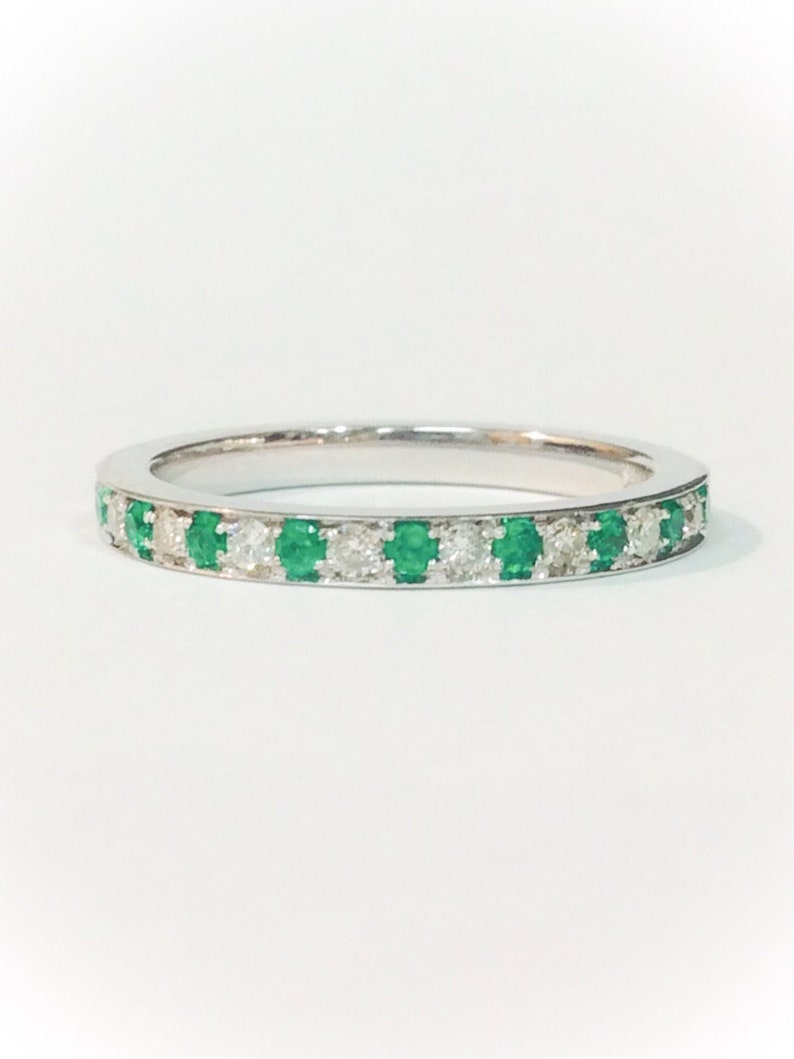 Alternating Diamond Emerald Half Eternity Stacking Ring/ 2 Birthstone Bright Cut, Channel Pave Set 2.3mm Wedding or Anniversary Band