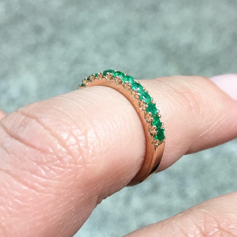 French Pave Emerald Ring/ 11 Stone Emerald Band/ 2.7mm Fishtail Emerald Stacking Ring/ May Birthstone, Anniversary Ring/ Gold or Platinum