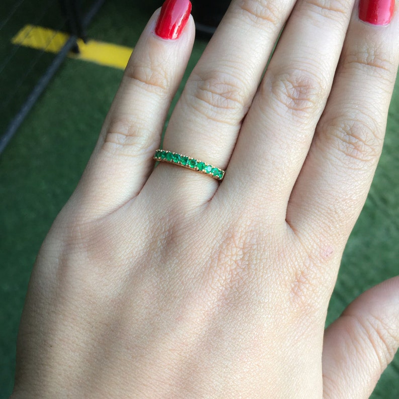 French Pave Emerald Ring/ 11 Stone Emerald Band/ 2.7mm Fishtail Emerald Stacking Ring/ May Birthstone, Anniversary Ring/ Gold or Platinum