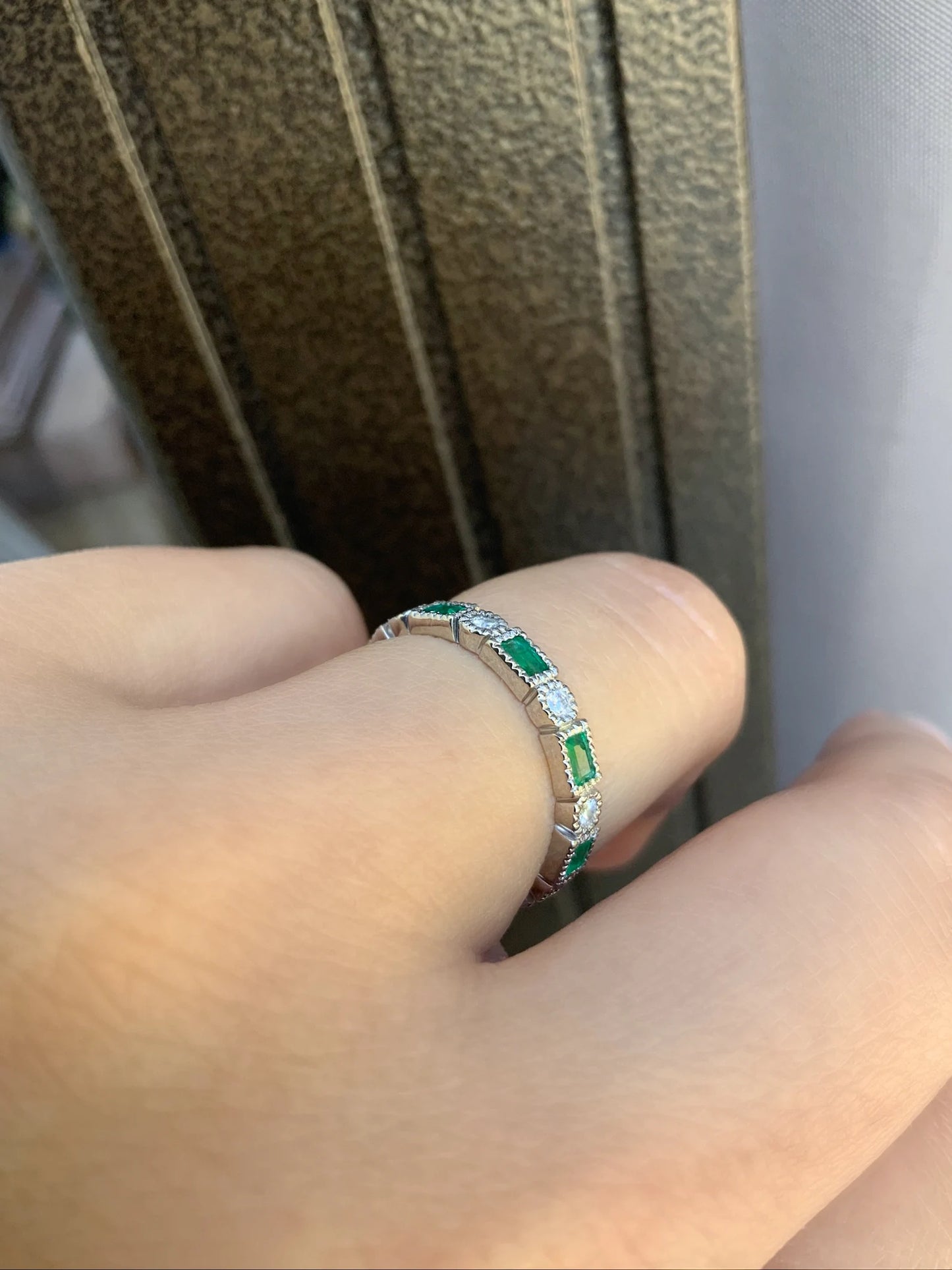 Baguette Round Diamond Emerald Ring/ 3mm Milgrain Bezel Set Baguette Emerald Band/ Alternating Diamond Emerald Baguette Dot Eternity Wedding, Anniversary Ring/ April May 2 Birthstone Stacking Ring