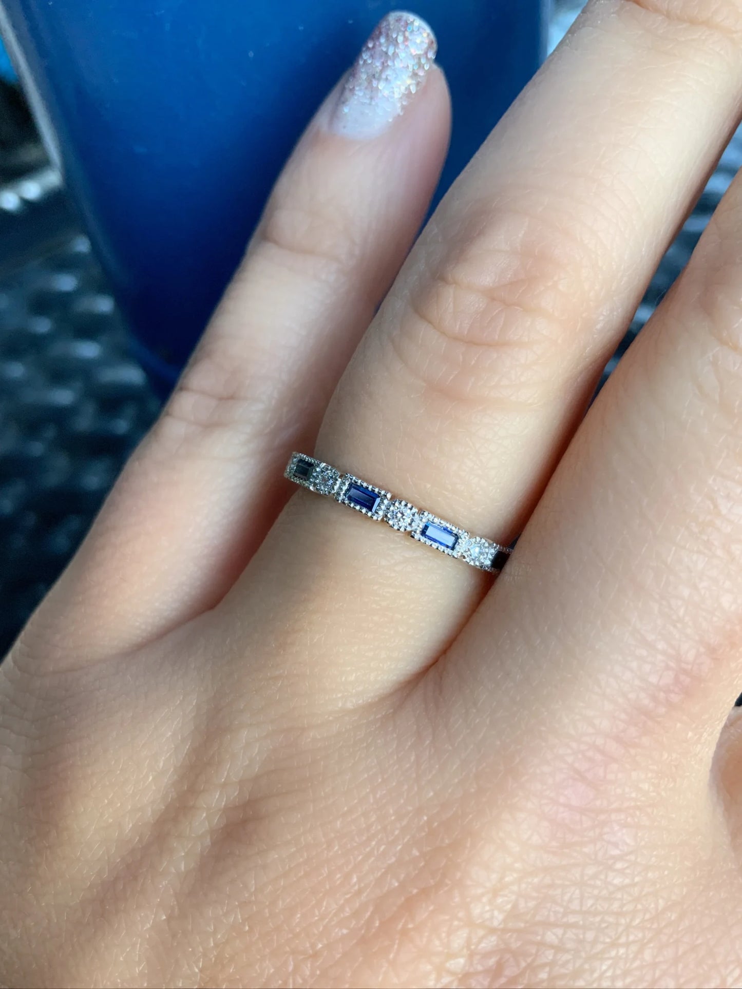 Blue Sapphire Diamond Baguette Dot Milgrain Band/ 2.5mm Full Eternity Wedding, Anniversary, September Stacking Ring