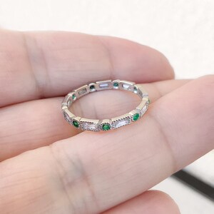 Baguette Round Emerald Diamond Ring/ 2.5mm Milgrain Bezel Baguette Diamond Band/ Alternating Emerald Diamond Baguette Dot Eternity Wedding, Anniversary Ring/ April May Two Birthstone Stacking Ring