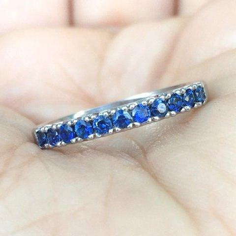 11 Stone Blue Sapphire French Pave Ring, 2mm Gold or Platinum