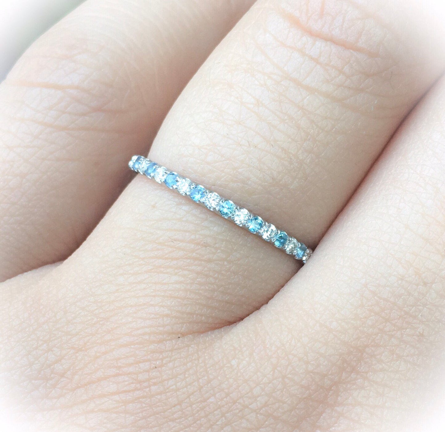 Diamond Aquamarine Half Eternity Pave Band/ 1.5mm Alternating Aquamarine Diamond Stack Ring/ 2 Birthstone Wedding Band/ March Push Present