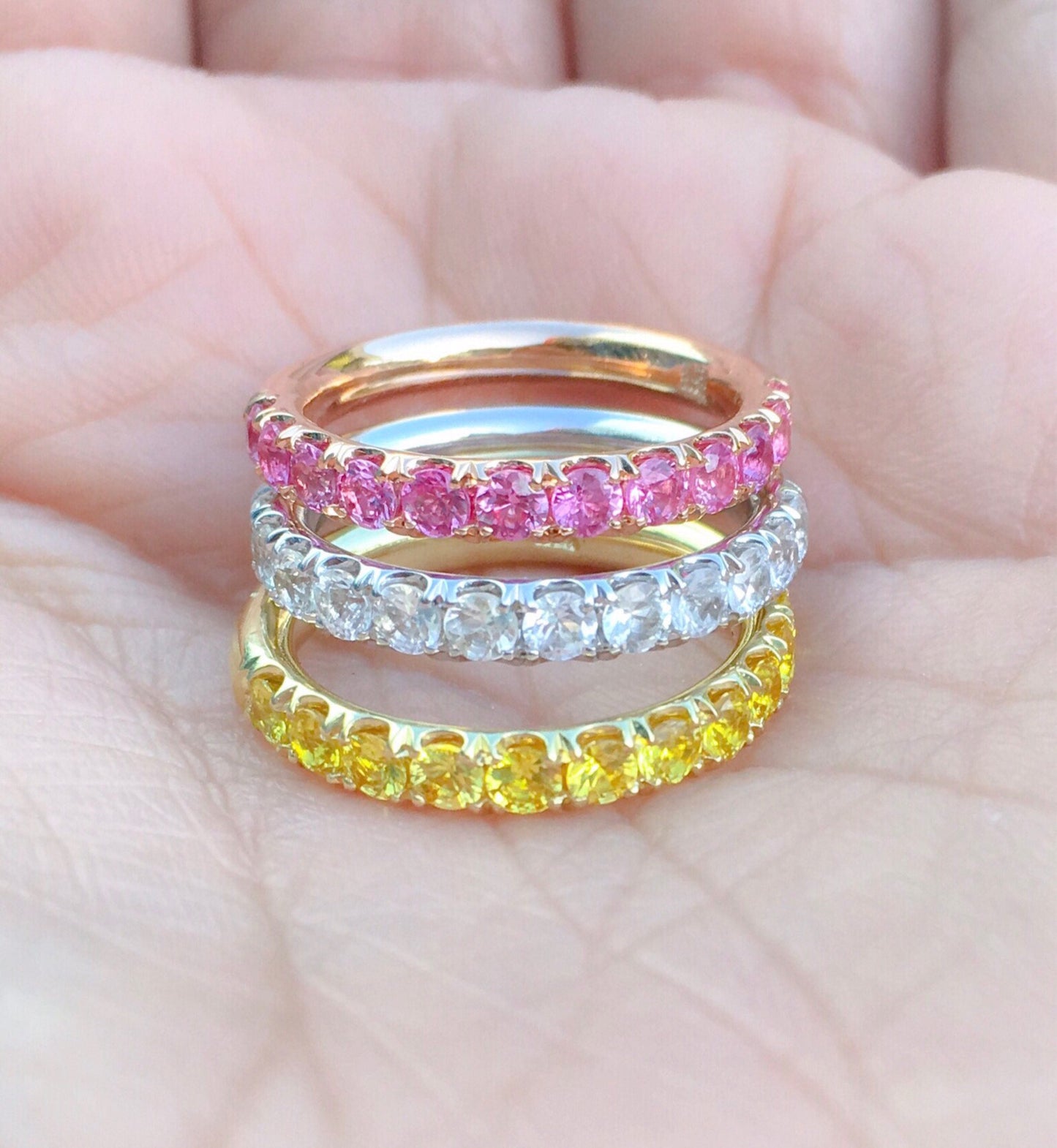 Set of 3 Eternity Stacking Rings; 3mm Pave Pink, Yellow, and White Sapphire