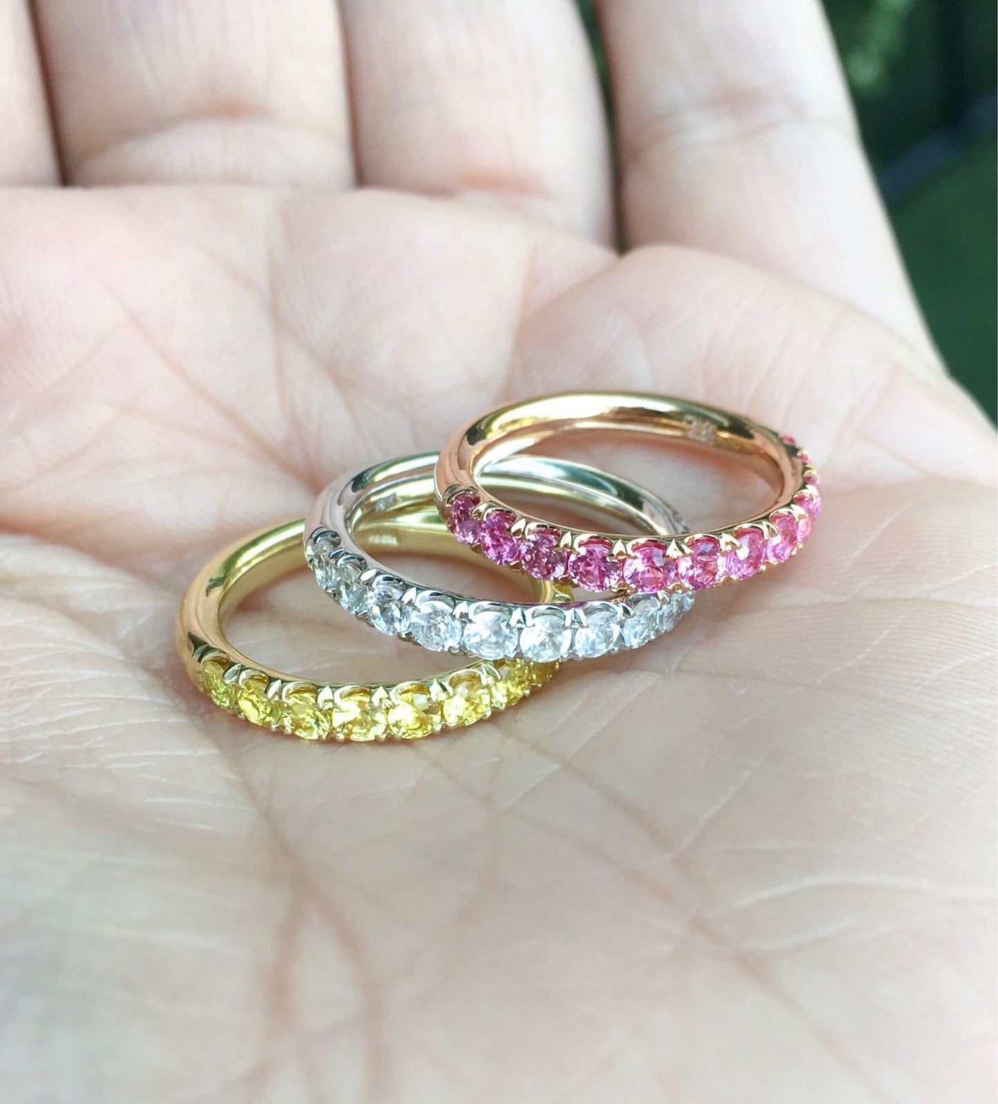 Set of 3 Eternity Stacking Rings; 3mm Pave Pink, Yellow, and White Sapphire