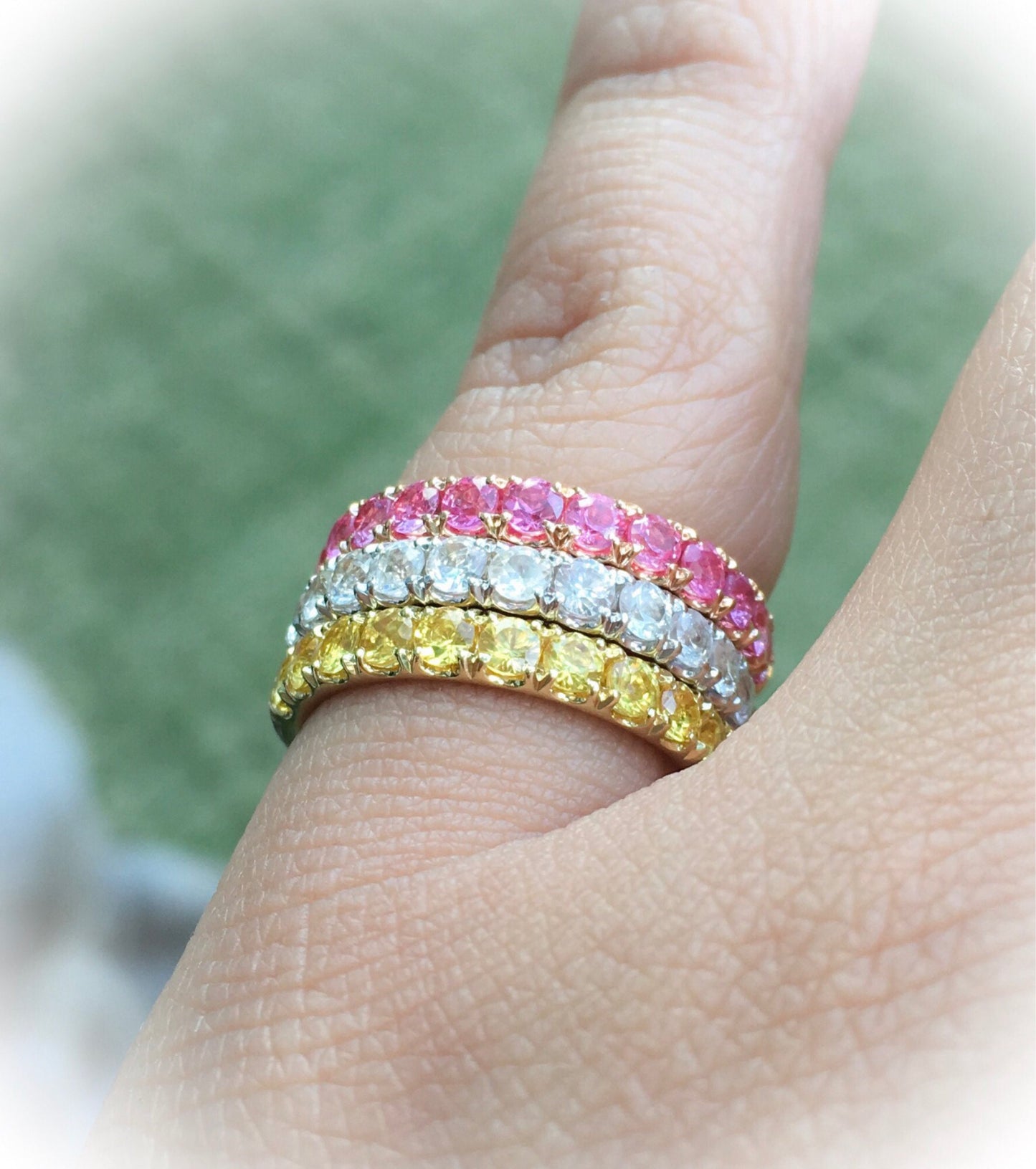 Set of 3 Eternity Stacking Rings; 3mm Pave Pink, Yellow, and White Sapphire