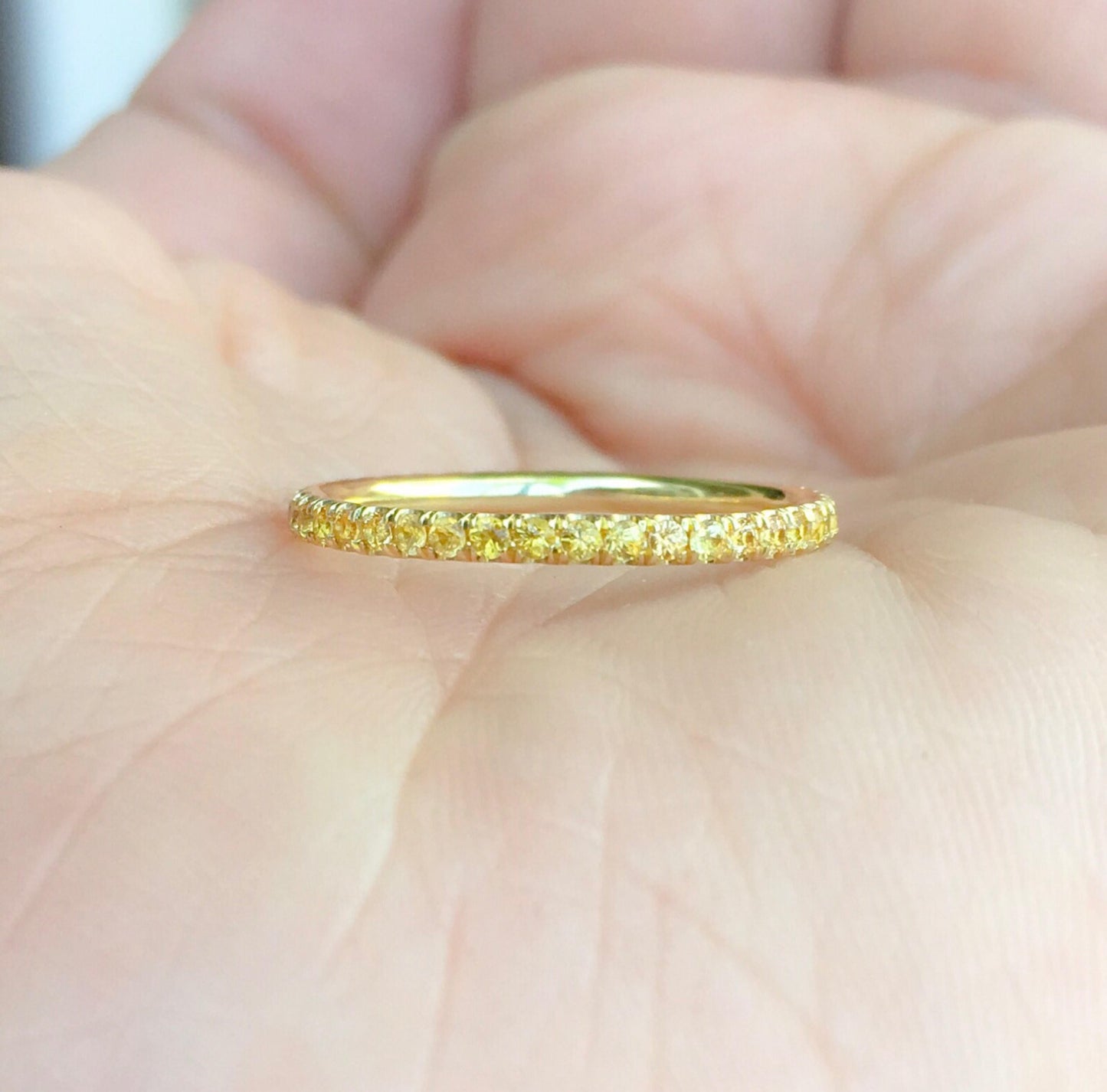 Set of 3 Bands; 2 1.6mm Full Eternity Yellow Sapphire Pave Bands, 1 2.5mm 14K Plain Band