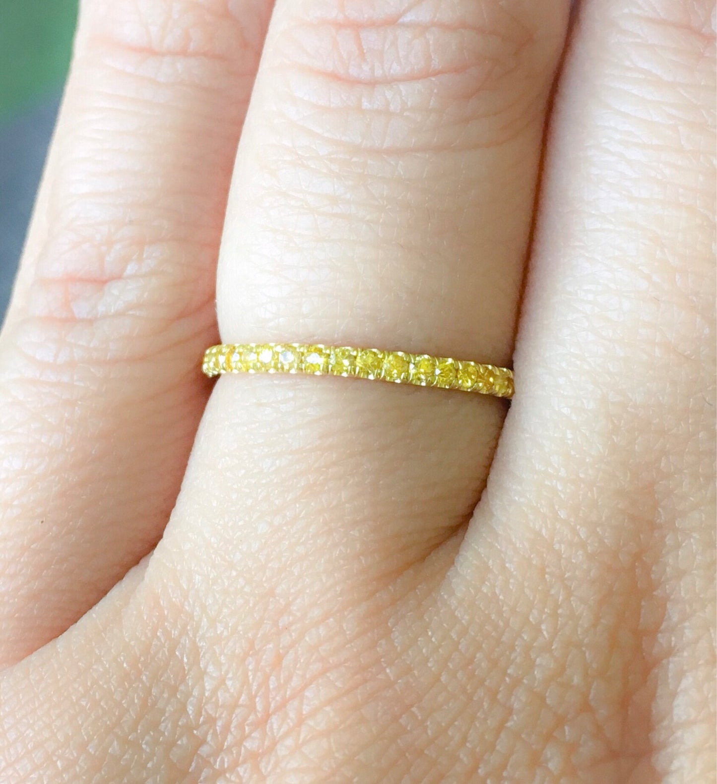 Set of 3 Bands; 2 1.6mm Full Eternity Yellow Sapphire Pave Bands, 1 2.5mm 14K Plain Band