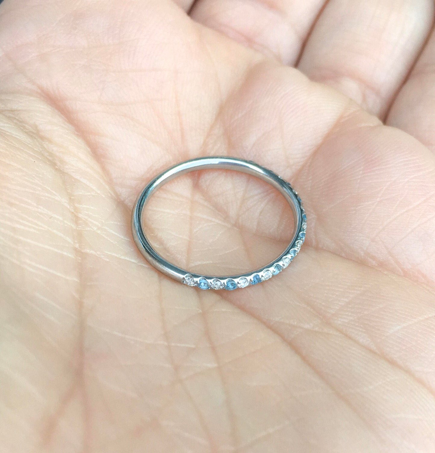 Diamond Aquamarine Half Eternity Pave Band/ 1.5mm Alternating Aquamarine Diamond Stack Ring/ 2 Birthstone Wedding Band/ March Push Present