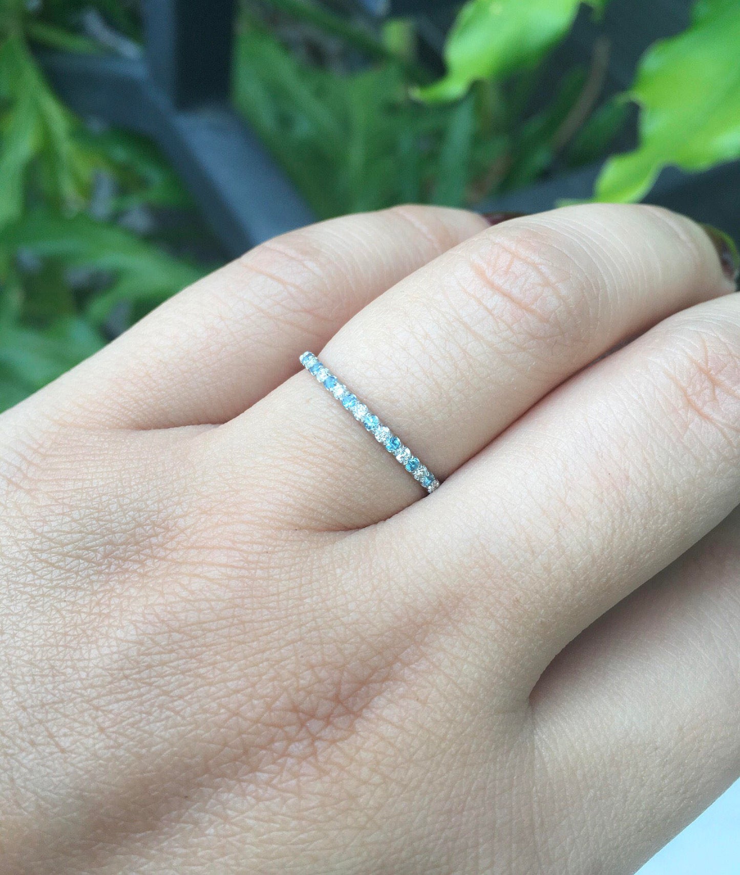 Diamond Aquamarine Half Eternity Pave Band/ 1.5mm Alternating Aquamarine Diamond Stack Ring/ 2 Birthstone Wedding Band/ March Push Present