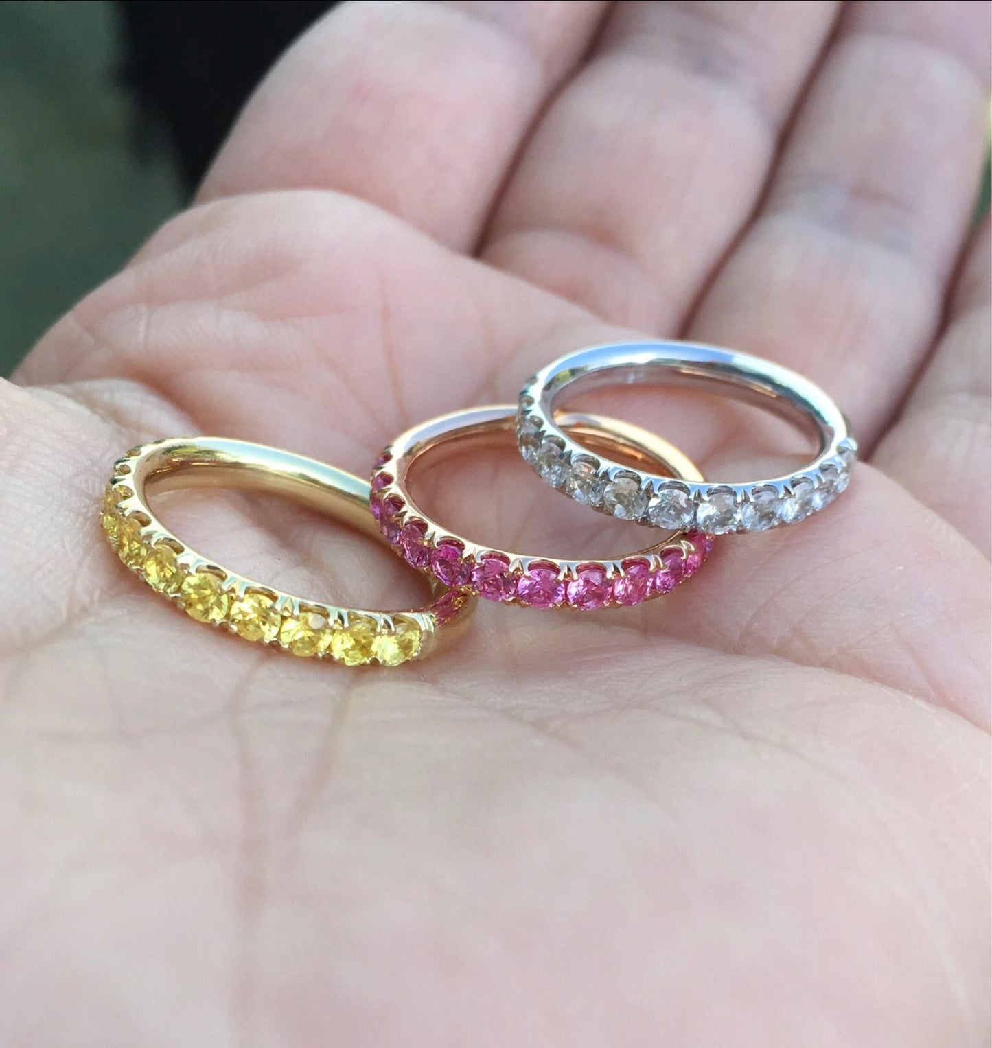 Set of 3 Eternity Stacking Rings; 3mm Pave Pink, Yellow, and White Sapphire