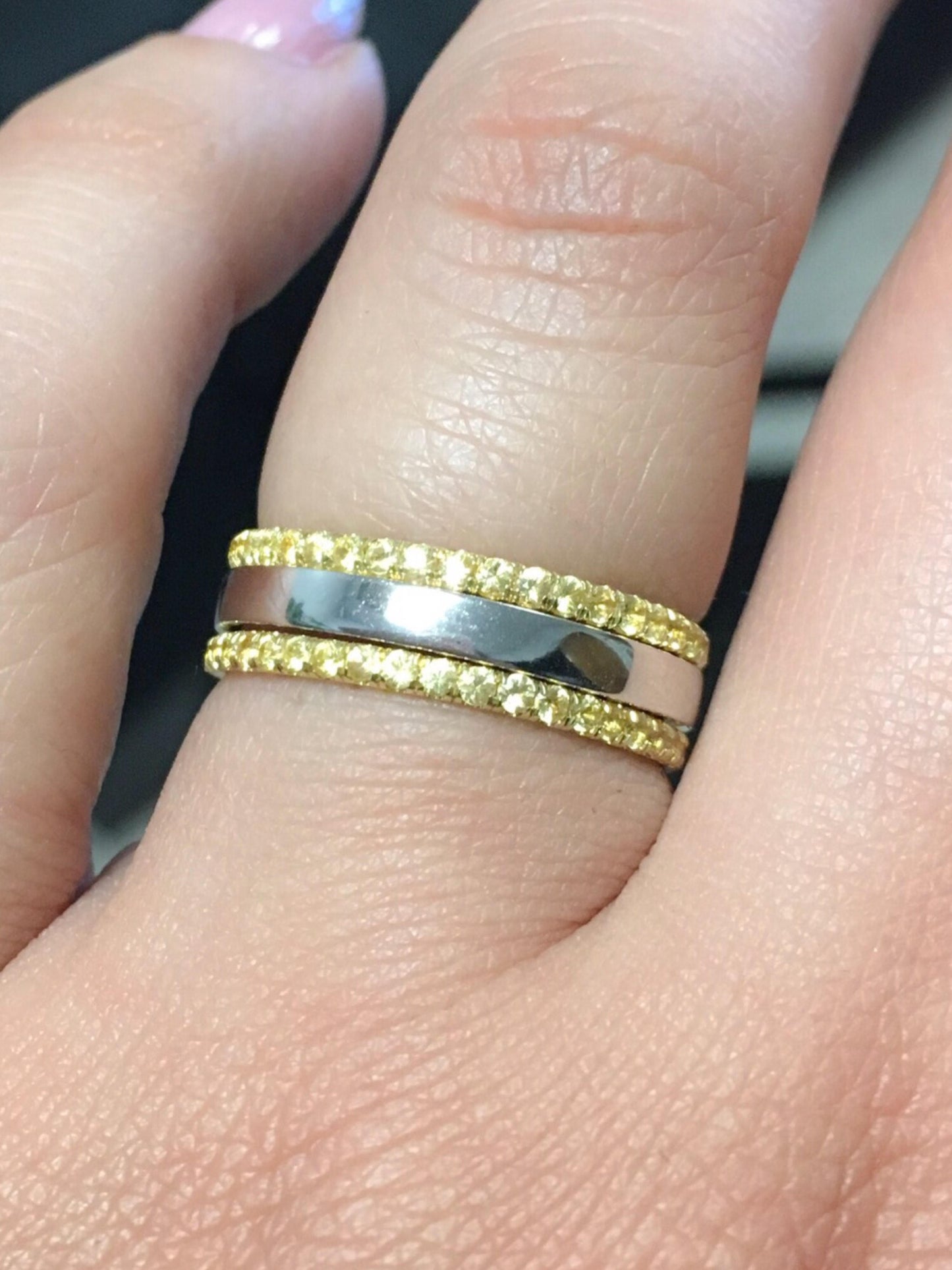 Set of 3 Bands; 2 1.6mm Full Eternity Yellow Sapphire Pave Bands, 1 2.5mm 14K Plain Band