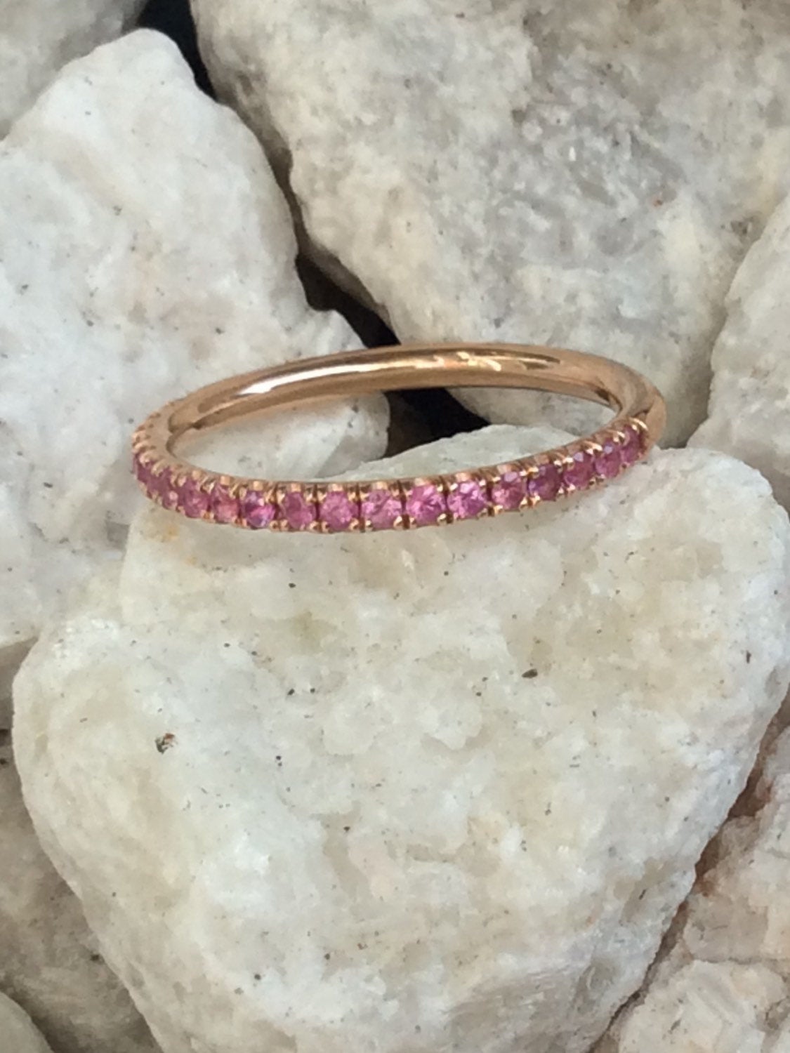 Set of 3; 1.6mm Half Eternity Pink, Yellow, and White Sapphire 14K Pave Stacking Rings