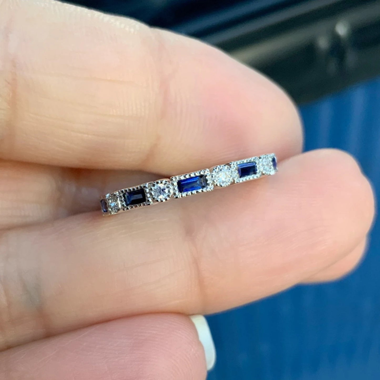 Blue Sapphire Diamond Baguette Dot Milgrain Band/ 2.5mm Full Eternity Wedding, Anniversary, September Stacking Ring