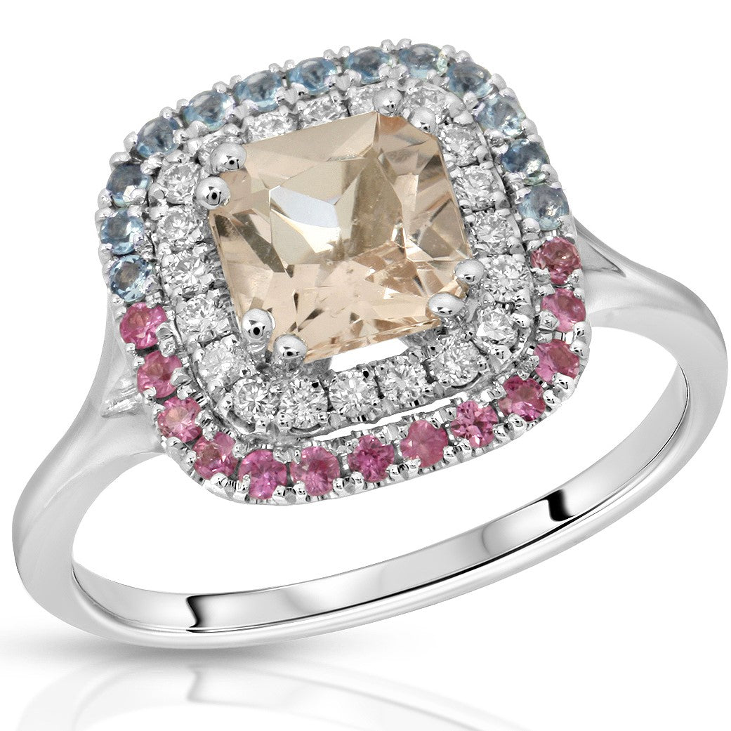 2mm Morganite, Diamond, Aquamarine, and Pink Sapphire Ring