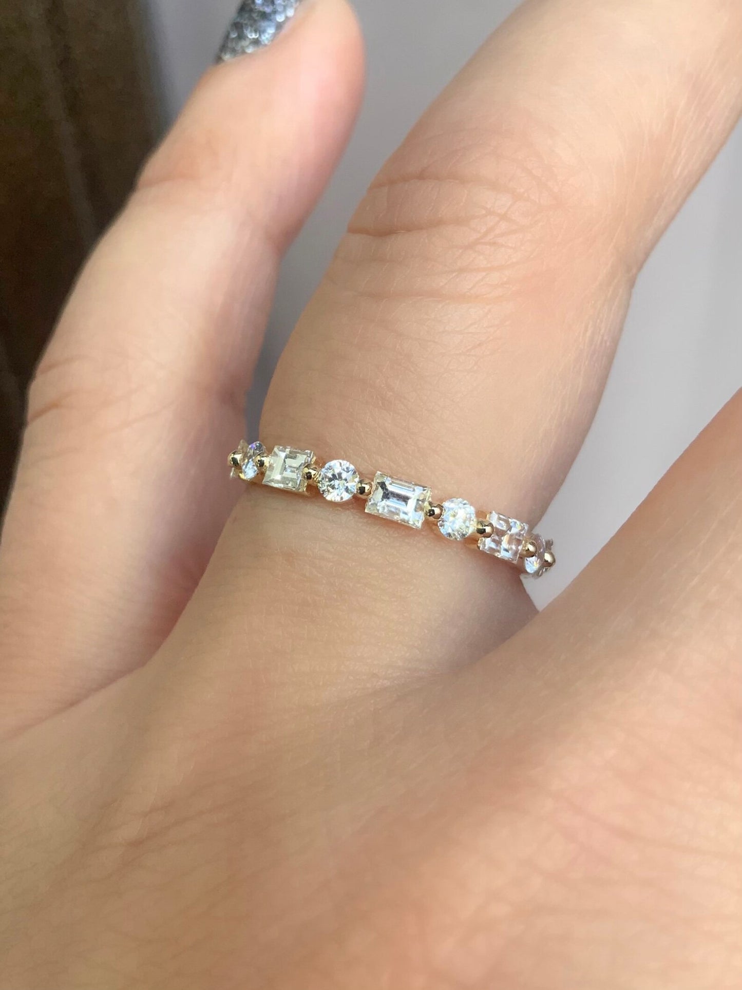 Baguette Round Natural Diamond Full Eternity Band/ 2.5mm Single Prong Dot Dash Diamond Ring/ Gold or Platinum Baguette Dot Band with Appraisal