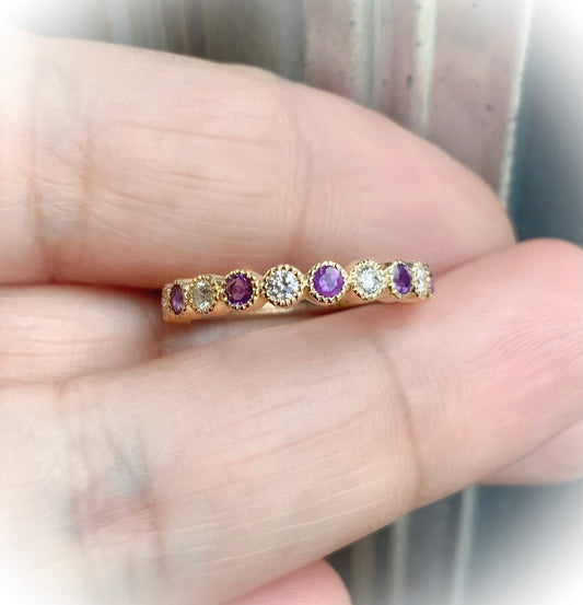 Alternating Amethyst Diamond Band/ 3mm Milgrain Bezel Set Half Eternity Wedding (Anniversary) Ring