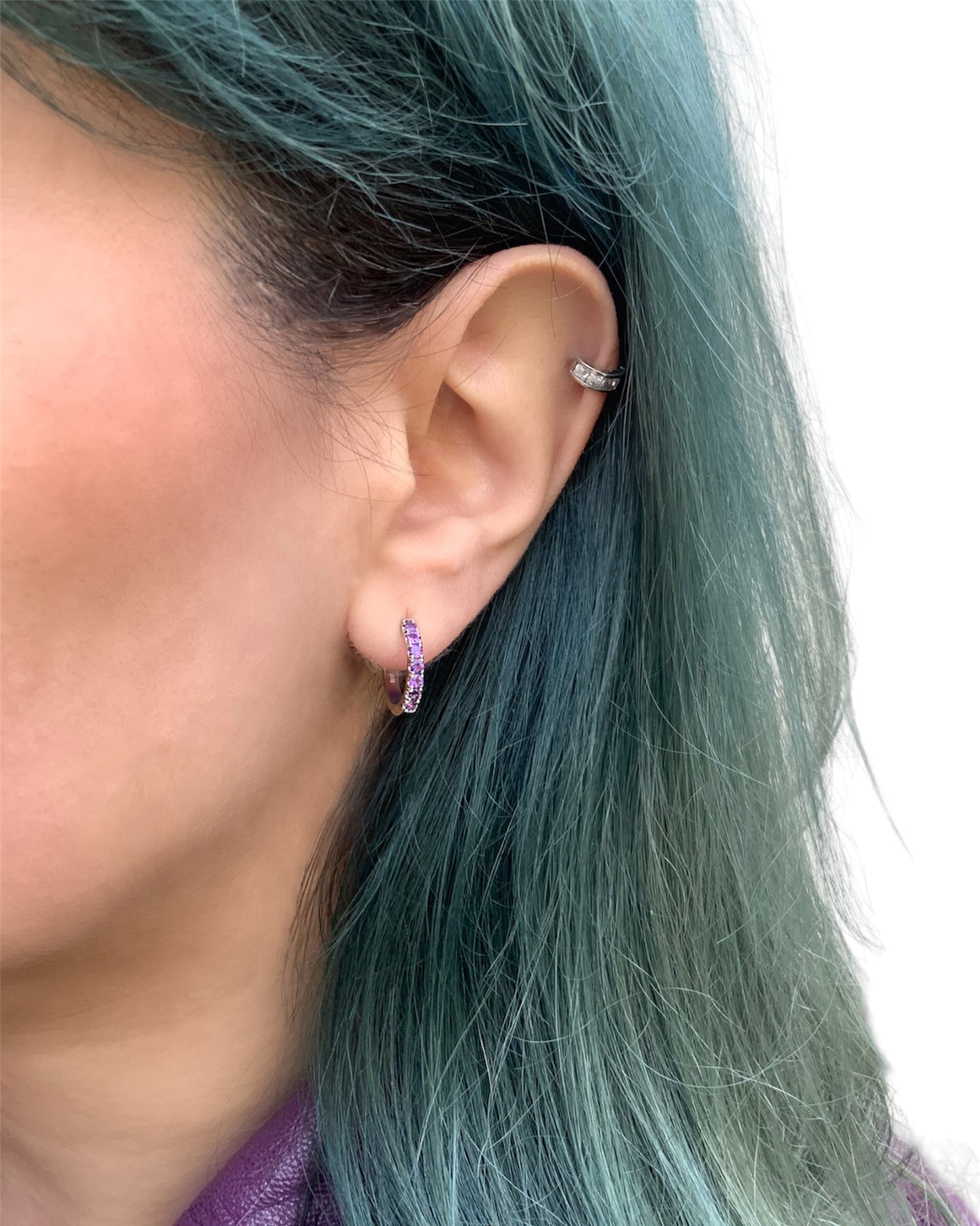 Amethyst Pave 15mm Hoop Earrings/ February Birthstone Huggies