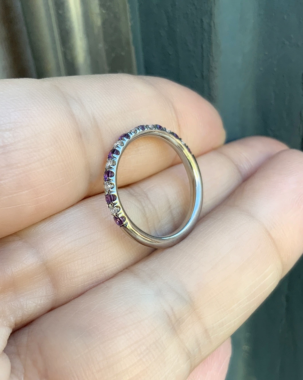 Diamond Amethyst Pave Band/ Alternating Amethyst & Diamond 2mm Half Eternity Ring/ 2 Birthstone Alternating Wedding, Anniversary Stacking Ring