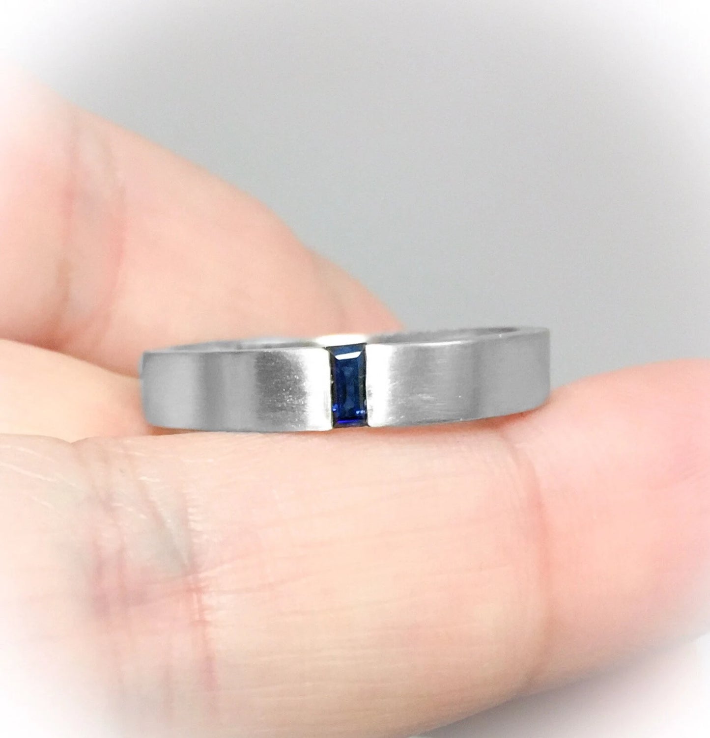 Baguette Blue Sapphire Matte Finished 4mm Unisex Wedding Band Ring