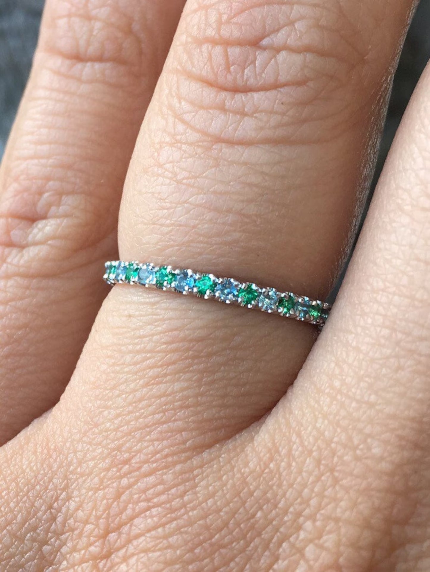 Emerald Aquamarine 2.3mm Band/ Alternating Aquamarine Emerald Pave Half Eternity Ring/ March & May 2 Birthstone Stacking Ring