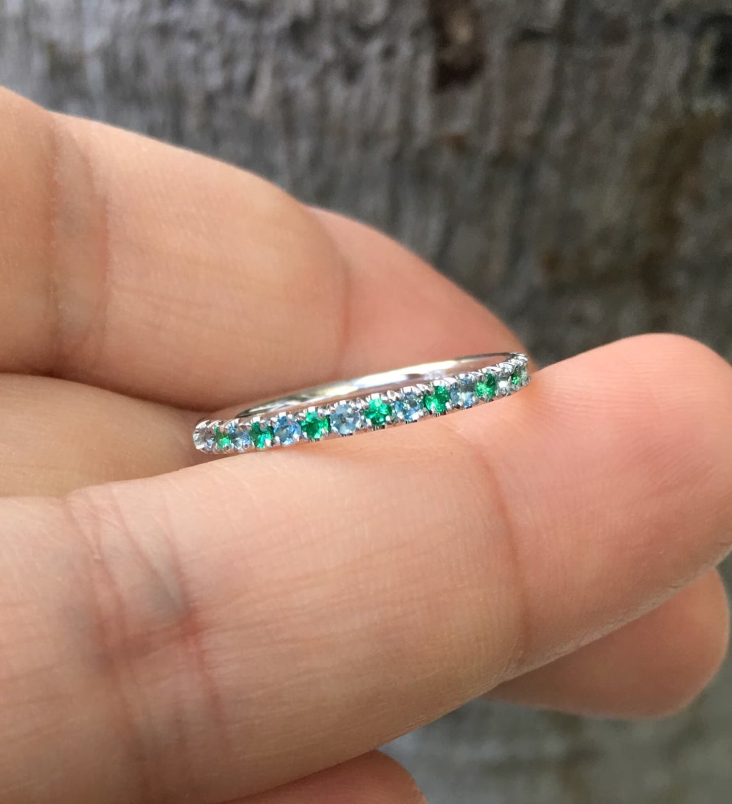 Emerald Aquamarine 2.3mm Band/ Alternating Aquamarine Emerald Pave Half Eternity Ring/ March & May 2 Birthstone Stacking Ring