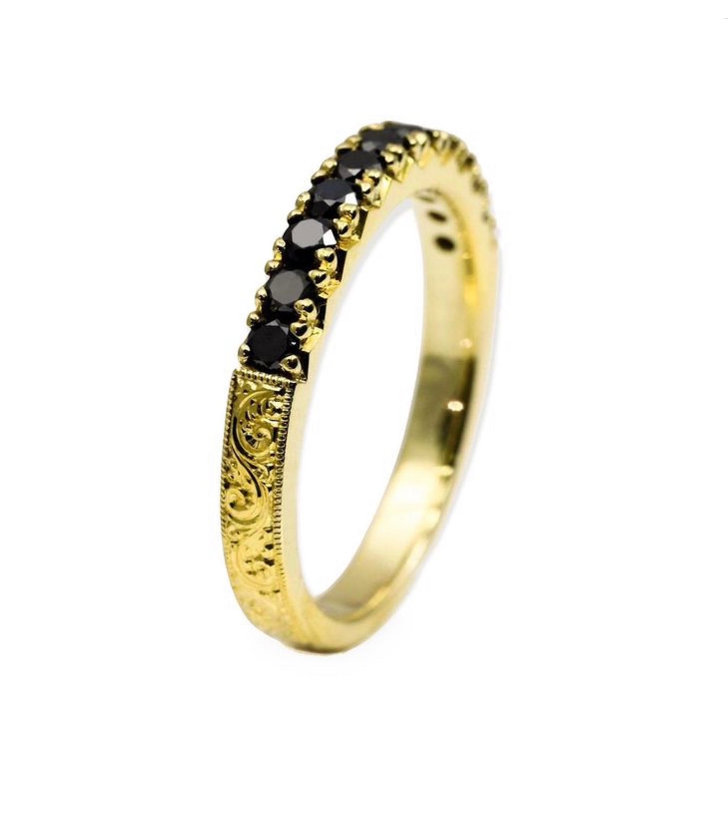11 Stone French Pave Black Diamond Band with Milgrain on Edges and Hand Engraving on Shank