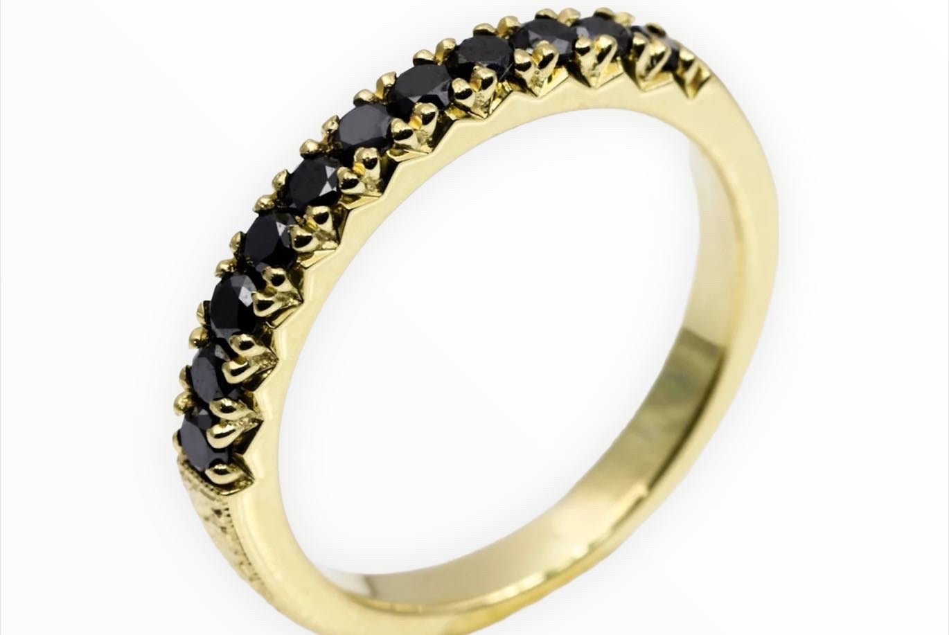 11 Stone French Pave Black Diamond Band with Milgrain on Edges and Hand Engraving on Shank