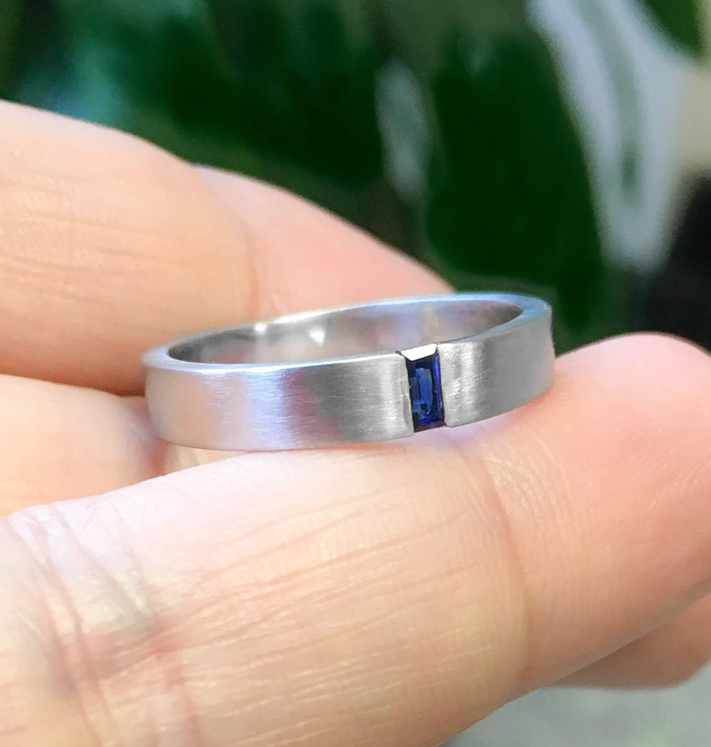 Baguette Blue Sapphire Matte Finished 4mm Unisex Wedding Band Ring