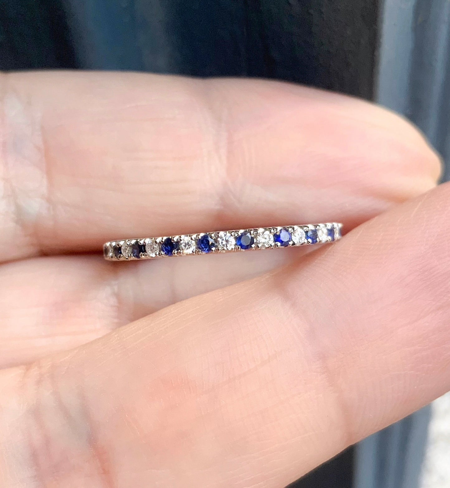 Diamond Blue Sapphire Pave Band/ 1.5mm Half Eternity Alternating Sapphire Diamond Stacking Ring/ 2 Birthstone Anniversary Ring/ Mother's Day Gift