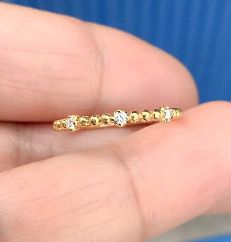 Delicate Beaded Dot Band with 3 Natural Diamonds, 3/4 Eternity