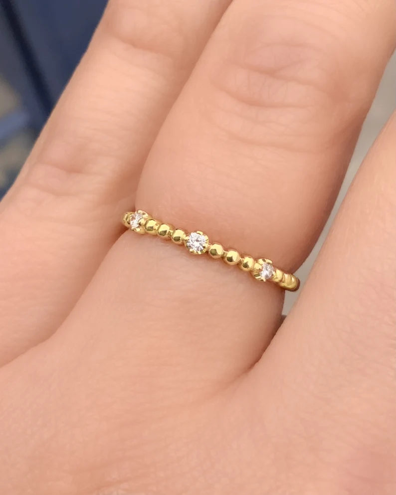 Delicate Beaded Dot Band with 3 Natural Diamonds, 3/4 Eternity